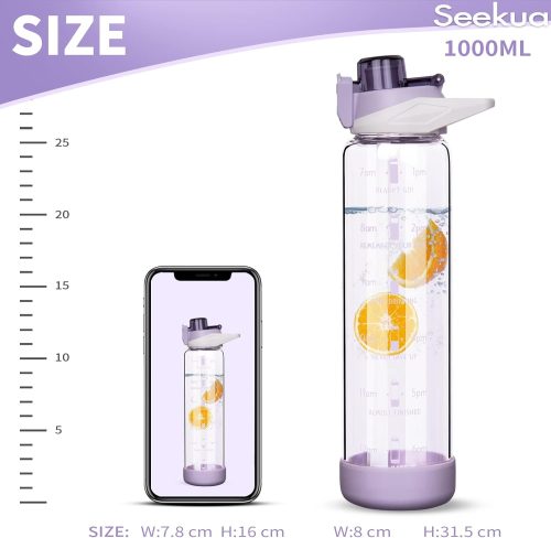 Seekua 1l Large Glass Water Bottle with Straw & Time Markings 1 litre Big Motivational Glass Drinking Bottle BPA free Leakproof - Image 4