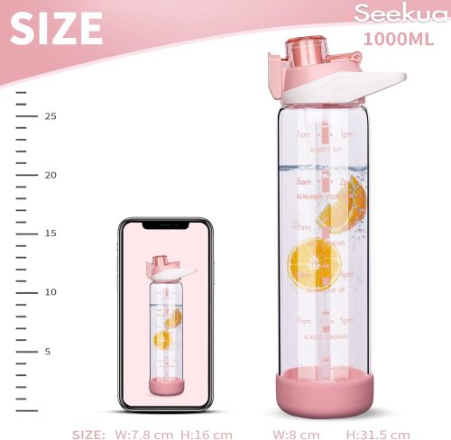 Seekua 1l Large Glass Water Bottle with Straw & Time Markings 1 litre Big Motivational Glass Drinking Bottle BPA free Leakproof Pink - Image 4