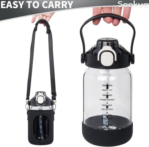 Seekua 1l Glass Water Bottle with Straw & motivational Time Markings 1 litre large Drinking Bottle with Fruit Infuser for Juice, Smoothie, Milkshake Black - Image 5