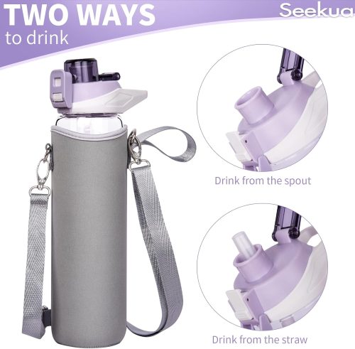 Seekua 1l Large Glass Water Bottle with Straw & Time Markings 1 litre Big Motivational Glass Drinking Bottle BPA free Leakproof - Image 5