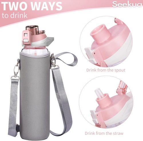 Seekua 1l Large Glass Water Bottle with Straw & Time Markings 1 litre Big Motivational Glass Drinking Bottle BPA free Leakproof Pink - Image 5