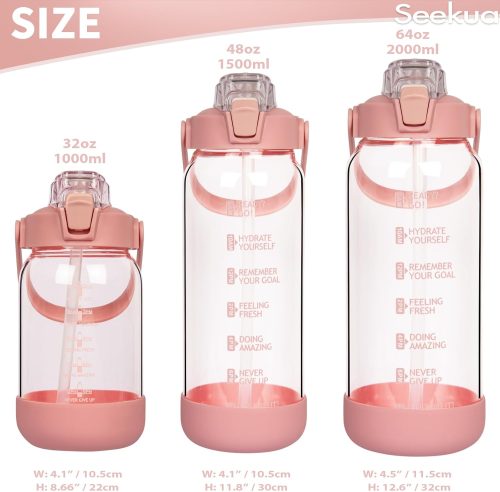 Seekua 1.5l Large Glass Water Bottle with Straw & Time Markings 1.5 litre Big Motivational Glass Drinking Bottle BPA free Leakproof - Image 6