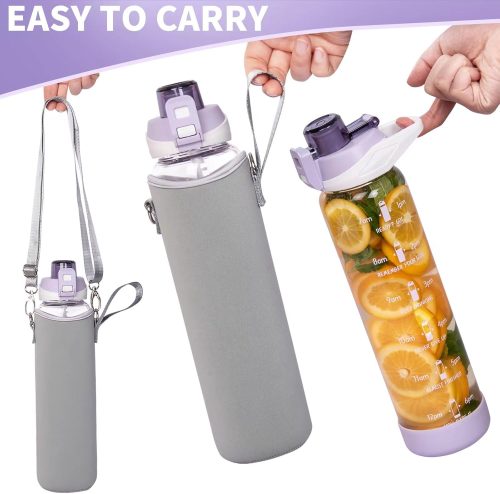 Seekua 1l Large Glass Water Bottle with Straw & Time Markings 1 litre Big Motivational Glass Drinking Bottle BPA free Leakproof - Image 6