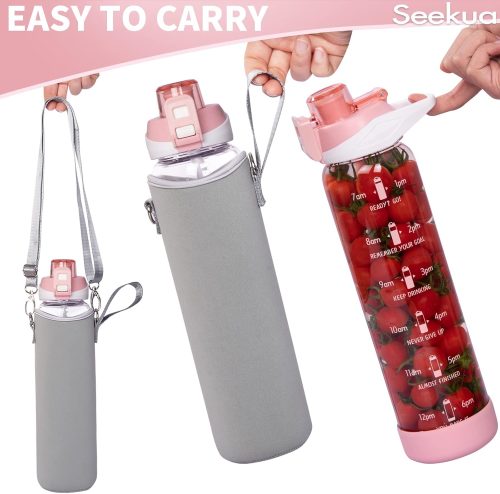 Seekua 1l Large Glass Water Bottle with Straw & Time Markings 1 litre Big Motivational Glass Drinking Bottle BPA free Leakproof Pink - Image 6