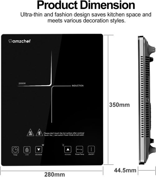 AMZCHEF Single Induction Cooker, Ultra-thin Induction Hob with Fashion Look, 10-level Power and Temperature Control, Black Frosted Glass Panel, Touch Sensor, 3-hour Timer, Safety Lock - Image 7