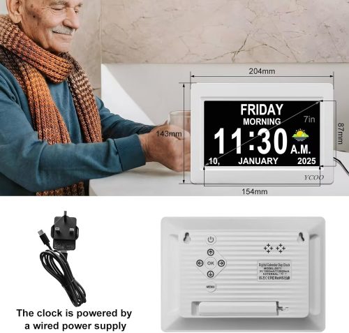 YCOO Dementia Clocks, Day Date Digital Clock with Sun/Moon Icons, Large Clear Digital Display, Auto DST, 7 Display Modes, Wired Power Supply Clock(7 Inch White) - Image 6