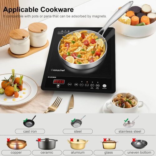 AMZCHEF Single Induction Hob, Portable Induction Hob, 10 Temperature Settings and Power levels from 300W to 2000W, Black Frosted Glass Panel,Sensitive Press Control, 3-hour Timer - Image 4