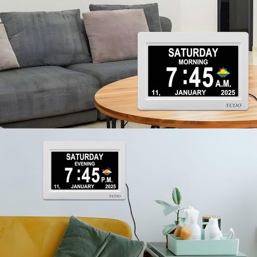 YCOO Dementia Clocks, Day Date Digital Clock with Sun/Moon Icons, Large Clear Digital Display, Auto DST, 7 Display Modes, Wired Power Supply Clock(7 Inch White) - Image 5