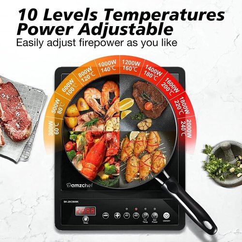 AMZCHEF Single Induction Hob, Portable Induction Hob, 10 Temperature Settings and Power levels from 300W to 2000W, Black Frosted Glass Panel,Sensitive Press Control, 3-hour Timer - Image 5