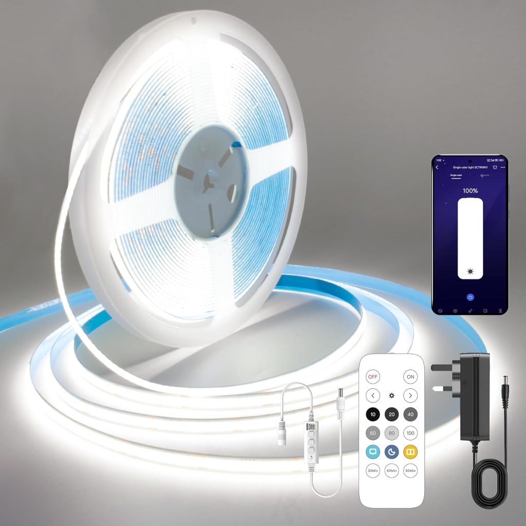 FUIQI COB LED Strip 10M,Dimmable Dotless LED Strip Lights with Smart App and Remote,24V Cool White 4000K with Power Supply,8mm Wide,CRI>90 LED Lights for Indoor Room, Kitchen, cabinets, Mirrors