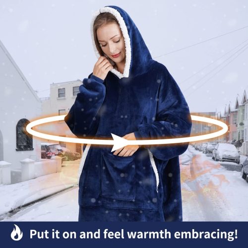 Bedsure Hoodie Blanket, Long Wearable Blanket with Pockets Fluffy Flannel Sherpa TV Blanket Sweatshirt Winter Robe One Size Fits Men Women Adult(Navy Blue) - Image 2