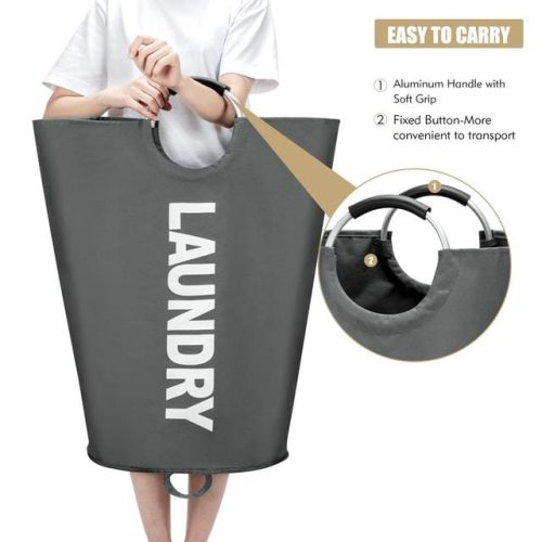 Updated 90L X-Large Laundry Basket, Freestanding Waterproof Laundry Hamper, Collapsible Folding Tall Clothes Bin, Easy Carry with Foam Protected Aluminum Handles for Dorm, Family, Travel (Dark Grey) - Image 5