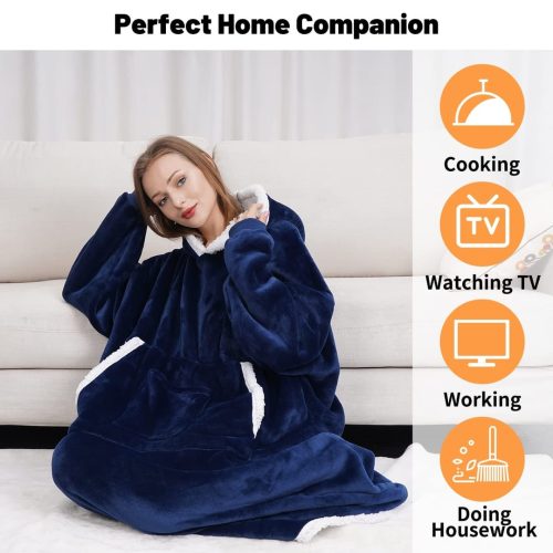 Bedsure Hoodie Blanket, Long Wearable Blanket with Pockets Fluffy Flannel Sherpa TV Blanket Sweatshirt Winter Robe One Size Fits Men Women Adult(Navy Blue) - Image 4