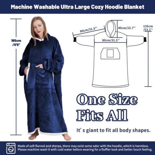 Bedsure Hoodie Blanket, Long Wearable Blanket with Pockets Fluffy Flannel Sherpa TV Blanket Sweatshirt Winter Robe One Size Fits Men Women Adult(Navy Blue) - Image 5