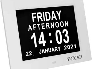 YCOO Dementia Clocks, Day Date Digital Clock with Sun/Moon Icons, Large Clear Digital Display, Auto DST, 7 Display Modes, Wired Power Supply Clock(7 Inch White)