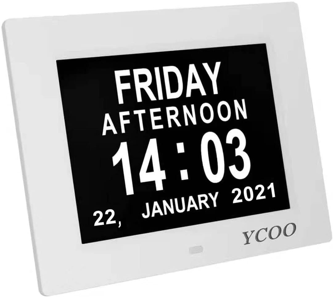 YCOO Dementia Clocks, Day Date Digital Clock with Sun/Moon Icons, Large Clear Digital Display, Auto DST, 7 Display Modes, Wired Power Supply Clock(7 Inch White)