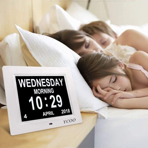 YCOO Dementia Clocks, Day Date Digital Clock with Sun/Moon Icons, Large Clear Digital Display, Auto DST, 7 Display Modes, Wired Power Supply Clock(7 Inch White) - Image 2