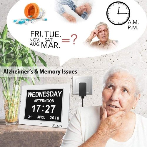 YCOO Dementia Clocks, Day Date Digital Clock with Sun/Moon Icons, Large Clear Digital Display, Auto DST, 7 Display Modes, Wired Power Supply Clock(7 Inch White) - Image 3