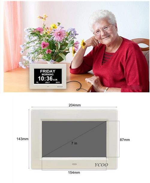 YCOO Dementia Clocks, Day Date Digital Clock with Sun/Moon Icons, Large Clear Digital Display, Auto DST, 7 Display Modes, Wired Power Supply Clock(7 Inch White) - Image 4