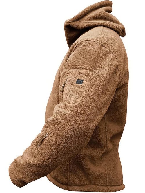 Windproof Men's Fleece Combat Jacket with Tactical Hood, Sand - Image 2