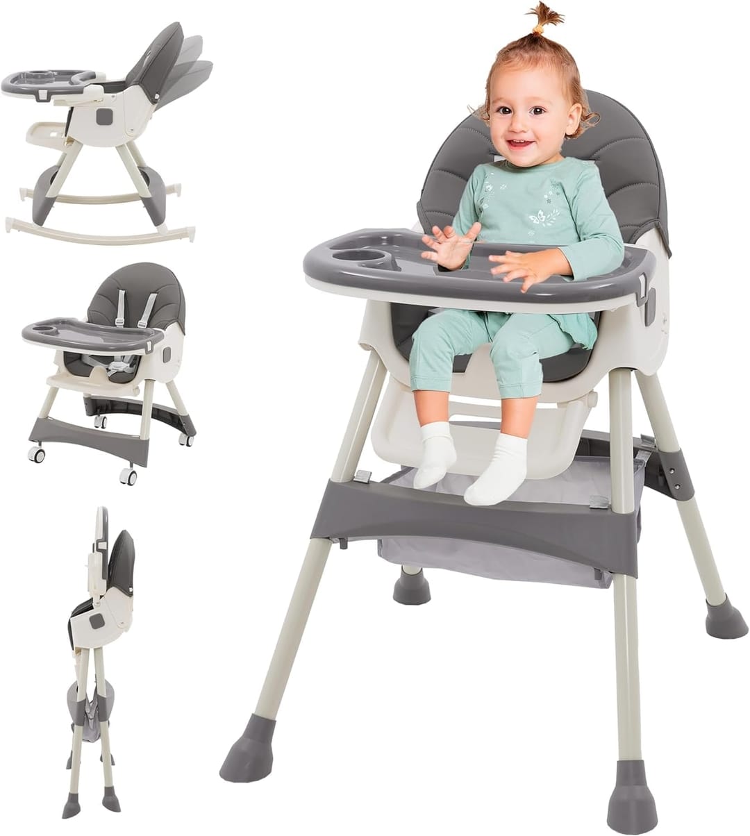 3in1 High Chair Adjustable Folding Baby Chairs with Multiple Height and 3 Position Backrest Rocking Reclining Seat Convertible High-Chair Durable Portable High Chair