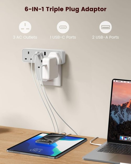 Multi Plug Adaptor with 3 USB Ports (2 USB A & 1 USB C), 3 Way Plug Adapter UK,Surge Protected Wall Plug Extender, Extension Plug Socket Turn 1 into 6 for Home Office - Image 2