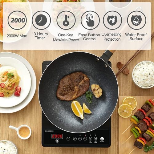 AMZCHEF Single Induction Hob, Portable Induction Hob, 10 Temperature Settings and Power levels from 300W to 2000W, Black Frosted Glass Panel,Sensitive Press Control, 3-hour Timer - Image 2