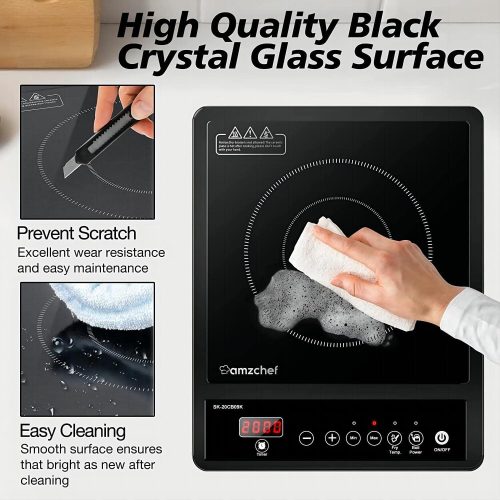 AMZCHEF Single Induction Hob, Portable Induction Hob, 10 Temperature Settings and Power levels from 300W to 2000W, Black Frosted Glass Panel,Sensitive Press Control, 3-hour Timer - Image 6