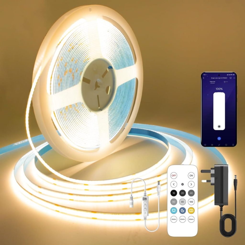 FUIQI COB LED Strip 10M,Dimmable Dotless LED Strip Lights with Smart App and Remote,24V Cool White 2700K with Power Supply, 8mm Wide, CRI>90 LED Lights for Indoor Room, Kitchen, cabinets, Mirrors