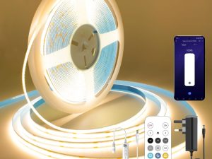 FUIQI COB LED Strip 10M,Dimmable Dotless LED Strip Lights with Smart App and Remote,24V Cool White 2700K with Power Supply, 8mm Wide, CRI>90 LED Lights for Indoor Room, Kitchen, cabinets, Mirrors