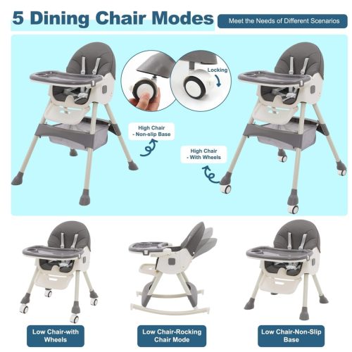 3in1 High Chair Adjustable Folding Baby Chairs with Multiple Height and 3 Position Backrest Rocking Reclining Seat Convertible High-Chair Durable Portable High Chair - Image 3