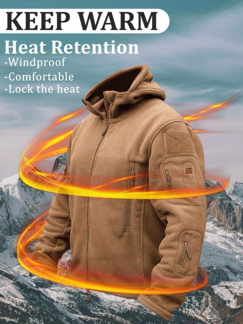 Windproof Men's Fleece Combat Jacket with Tactical Hood, Sand - Image 5