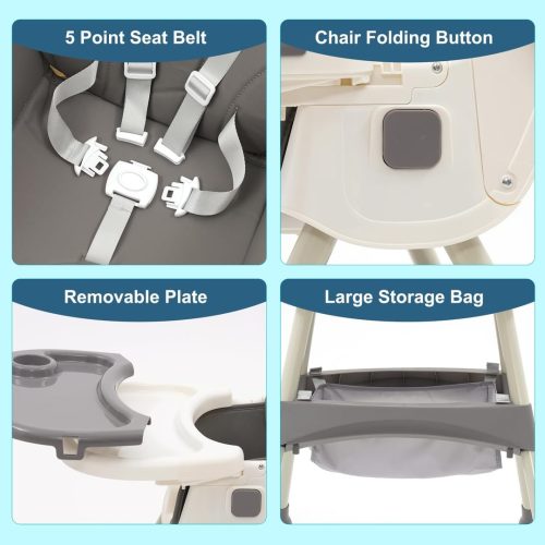 3in1 High Chair Adjustable Folding Baby Chairs with Multiple Height and 3 Position Backrest Rocking Reclining Seat Convertible High-Chair Durable Portable High Chair - Image 4