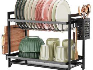 iSPECLE Dish Drainer Rack - 2 Tier Dish Drying Rack with Drip Tray, Rustproof Draining Board Rack with Utensil & Cutting Board Holder, Sink Drainer Rack for Kitchen Worktop, Black
