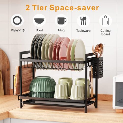 iSPECLE Dish Drainer Rack - 2 Tier Dish Drying Rack with Drip Tray, Rustproof Draining Board Rack with Utensil & Cutting Board Holder, Sink Drainer Rack for Kitchen Worktop, Black - Image 2
