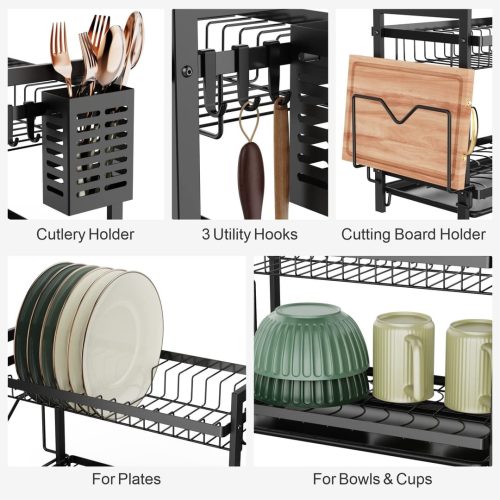 iSPECLE Dish Drainer Rack - 2 Tier Dish Drying Rack with Drip Tray, Rustproof Draining Board Rack with Utensil & Cutting Board Holder, Sink Drainer Rack for Kitchen Worktop, Black - Image 3