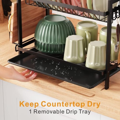 iSPECLE Dish Drainer Rack - 2 Tier Dish Drying Rack with Drip Tray, Rustproof Draining Board Rack with Utensil & Cutting Board Holder, Sink Drainer Rack for Kitchen Worktop, Black - Image 4