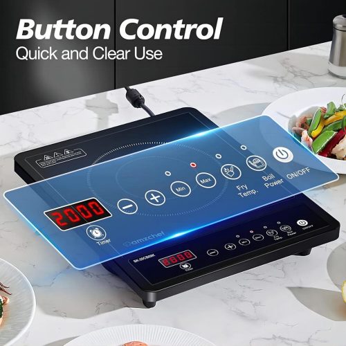 AMZCHEF Single Induction Hob, Portable Induction Hob, 10 Temperature Settings and Power levels from 300W to 2000W, Black Frosted Glass Panel,Sensitive Press Control, 3-hour Timer - Image 3