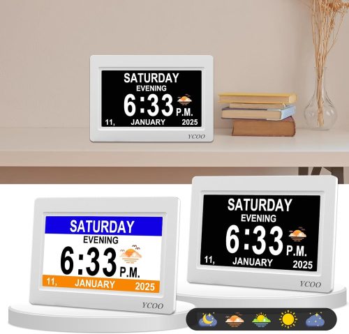 YCOO Dementia Clocks, Day Date Digital Clock with Sun/Moon Icons, Large Clear Digital Display, Auto DST, 7 Display Modes, Wired Power Supply Clock(7 Inch White) - Image 9