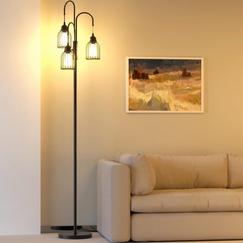 Industrial Floor Lamp for Living Room, 190cm Dimmable Standing Lamp, 3 LED Bulbs Included, E27 Sockets Standing Tree Lamp with Wire Cage Lampshade for Bedroom Study Home Decoration, Black
