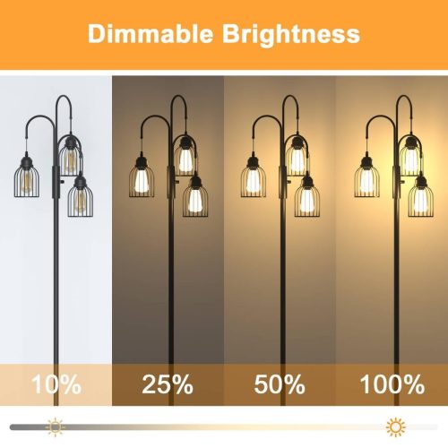 Industrial Floor Lamp for Living Room, 190cm Dimmable Standing Lamp, 3 LED Bulbs Included, E27 Sockets Standing Tree Lamp with Wire Cage Lampshade for Bedroom Study Home Decoration, Black - Image 3