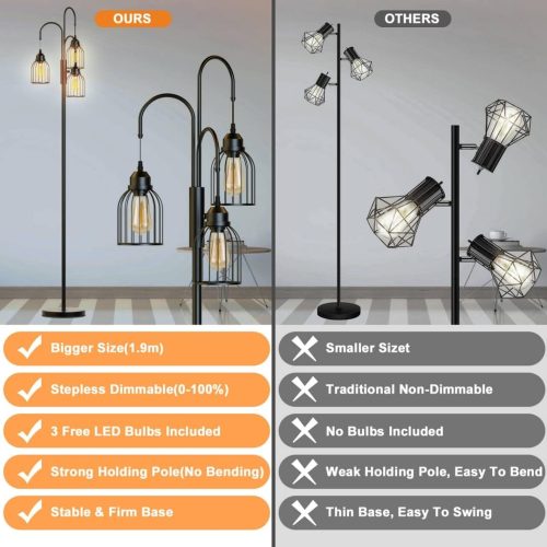 Industrial Floor Lamp for Living Room, 190cm Dimmable Standing Lamp, 3 LED Bulbs Included, E27 Sockets Standing Tree Lamp with Wire Cage Lampshade for Bedroom Study Home Decoration, Black - Image 4