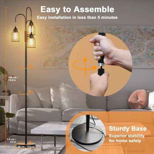 Industrial Floor Lamp for Living Room, 190cm Dimmable Standing Lamp, 3 LED Bulbs Included, E27 Sockets Standing Tree Lamp with Wire Cage Lampshade for Bedroom Study Home Decoration, Black - Image 5
