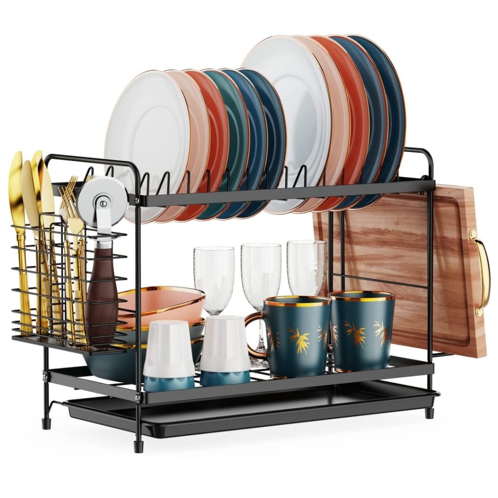 iSPECLE 2 Tier Dish Drainer Rack - Small Dish Drying Rack with Drip Tray, Space-Saving Draining Board Rack with Utensil Cutting & Board Holder for Kitchen Worktop, Black