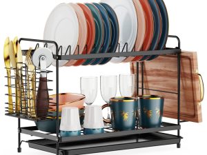 iSPECLE 2 Tier Dish Drainer Rack - Small Dish Drying Rack with Drip Tray, Space-Saving Draining Board Rack with Utensil Cutting & Board Holder for Kitchen Worktop, Black