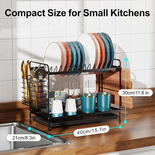 iSPECLE 2 Tier Dish Drainer Rack - Small Dish Drying Rack with Drip Tray, Space-Saving Draining Board Rack with Utensil Cutting & Board Holder for Kitchen Worktop, Black - Image 6