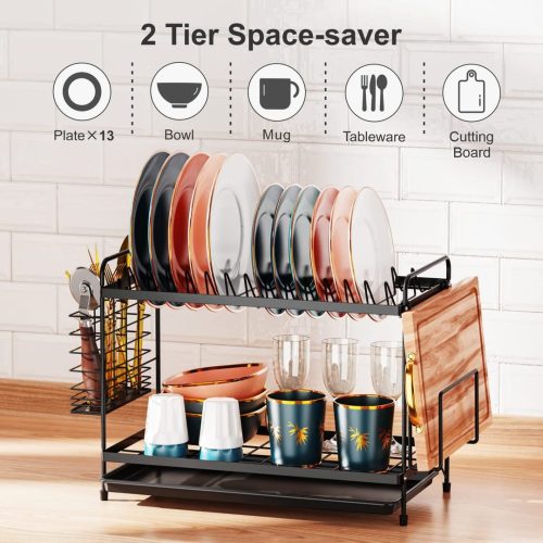 iSPECLE 2 Tier Dish Drainer Rack - Small Dish Drying Rack with Drip Tray, Space-Saving Draining Board Rack with Utensil Cutting & Board Holder for Kitchen Worktop, Black - Image 2