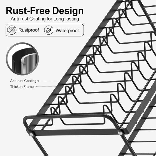 iSPECLE 2 Tier Dish Drainer Rack - Small Dish Drying Rack with Drip Tray, Space-Saving Draining Board Rack with Utensil Cutting & Board Holder for Kitchen Worktop, Black - Image 5