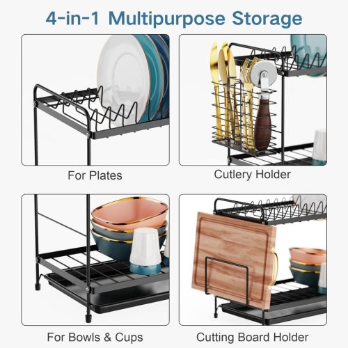 iSPECLE 2 Tier Dish Drainer Rack - Small Dish Drying Rack with Drip Tray, Space-Saving Draining Board Rack with Utensil Cutting & Board Holder for Kitchen Worktop, Black - Image 3