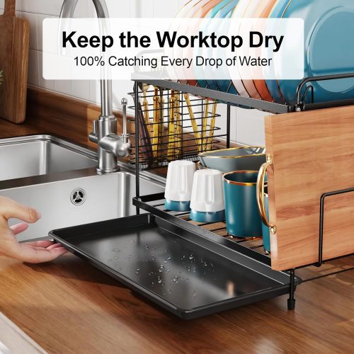 iSPECLE 2 Tier Dish Drainer Rack - Small Dish Drying Rack with Drip Tray, Space-Saving Draining Board Rack with Utensil Cutting & Board Holder for Kitchen Worktop, Black - Image 4